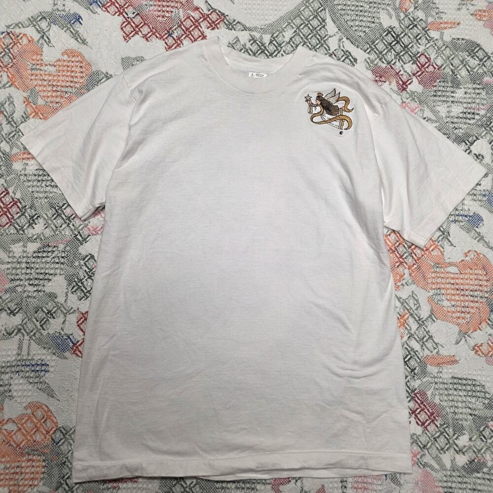 90s Vintage Single-Stitch Embroidered Angel Tee size Large made in usa white